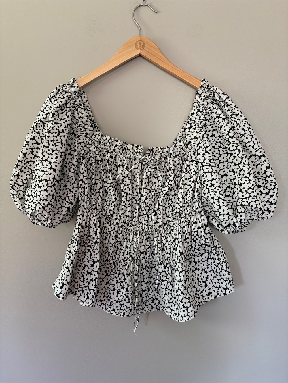 Polo Ralph Lauren Floral Peasant Puff Sleeves Top Size 12 NWT White Black